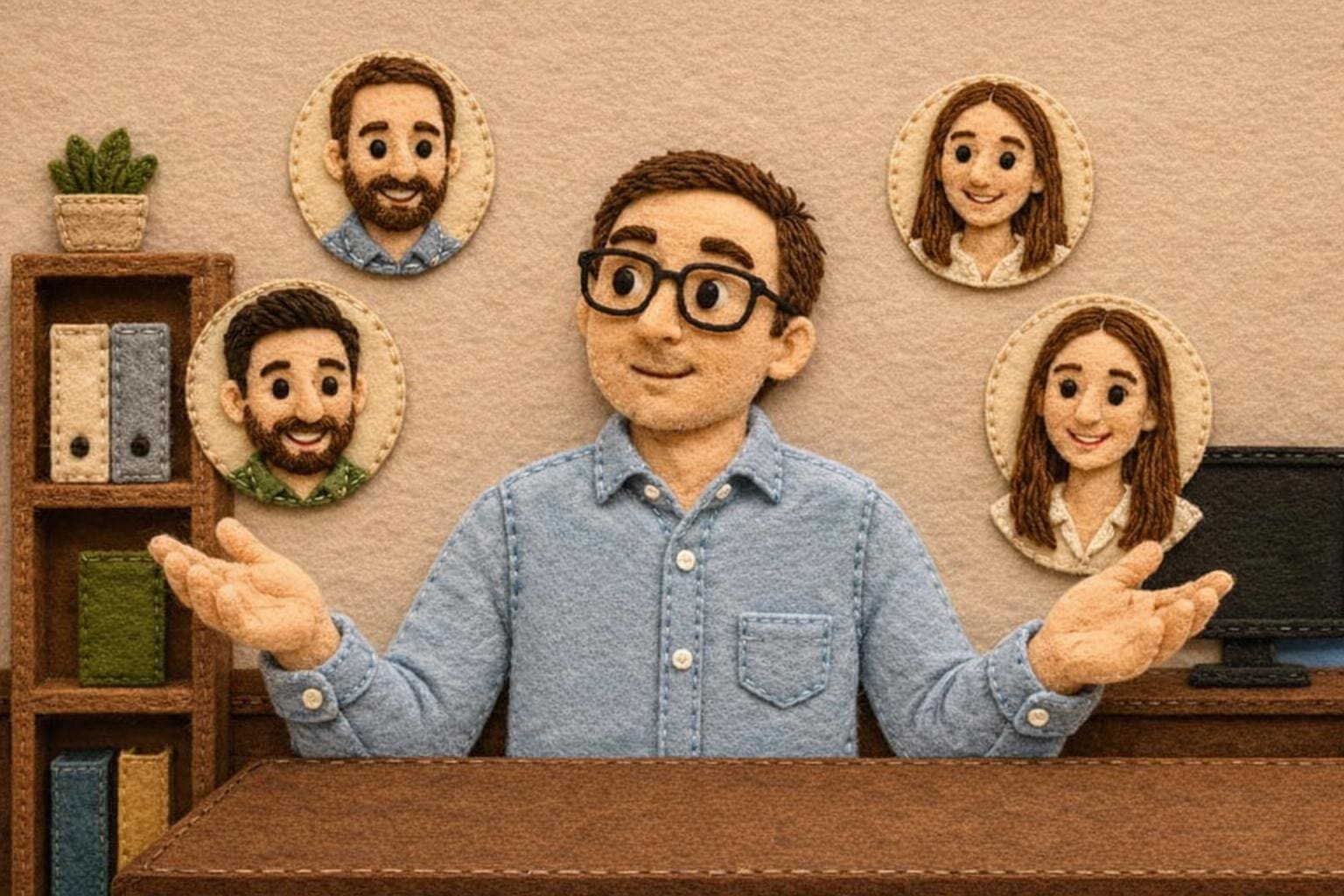 Felt illustration of an accountant surrounded by framed portraits of his clients