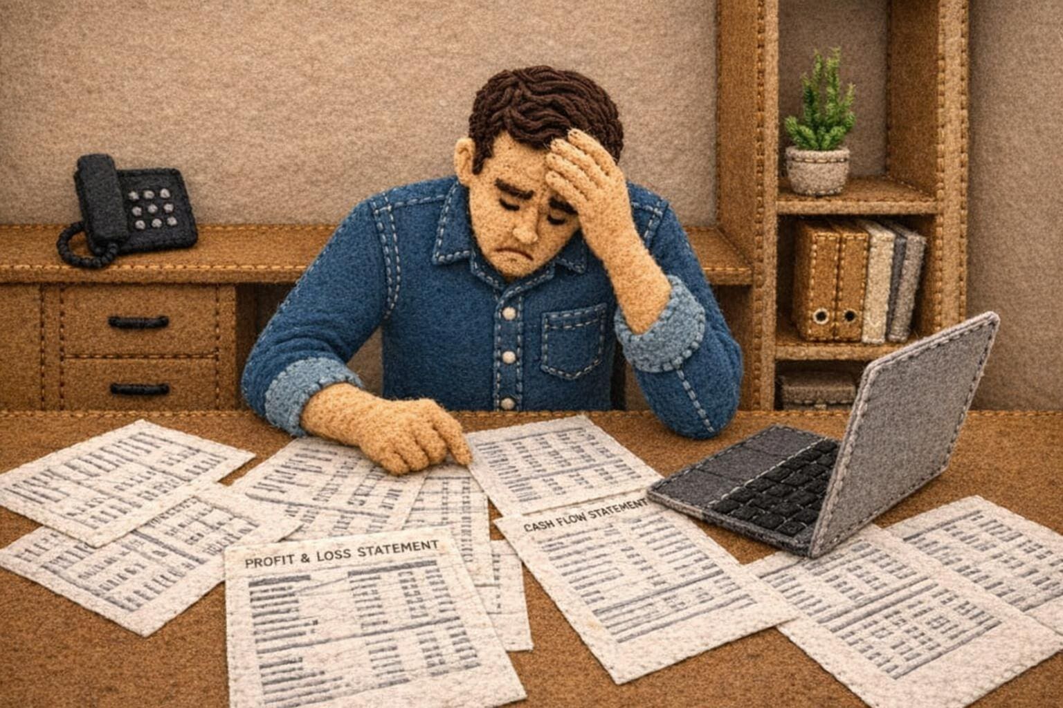 Felt illustration of a business owner overwhelmed by financial statements at his desk