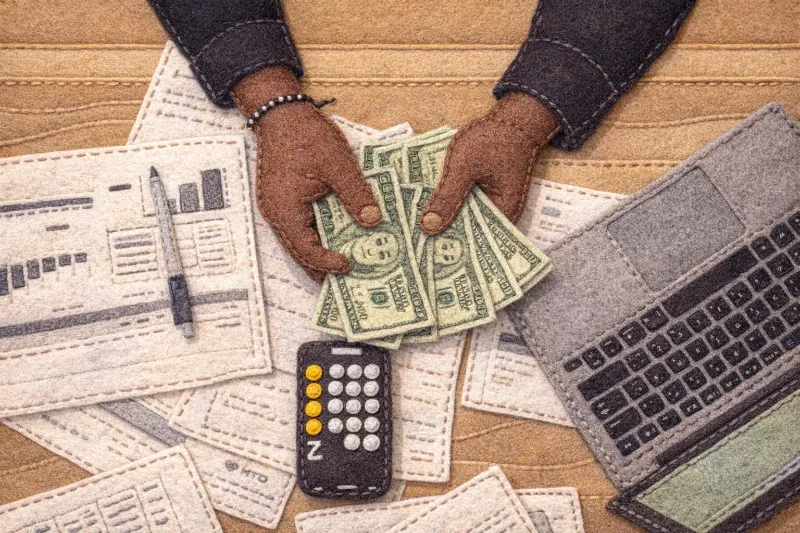 Felt illustration of hands counting cash beside a calculator and laptop
