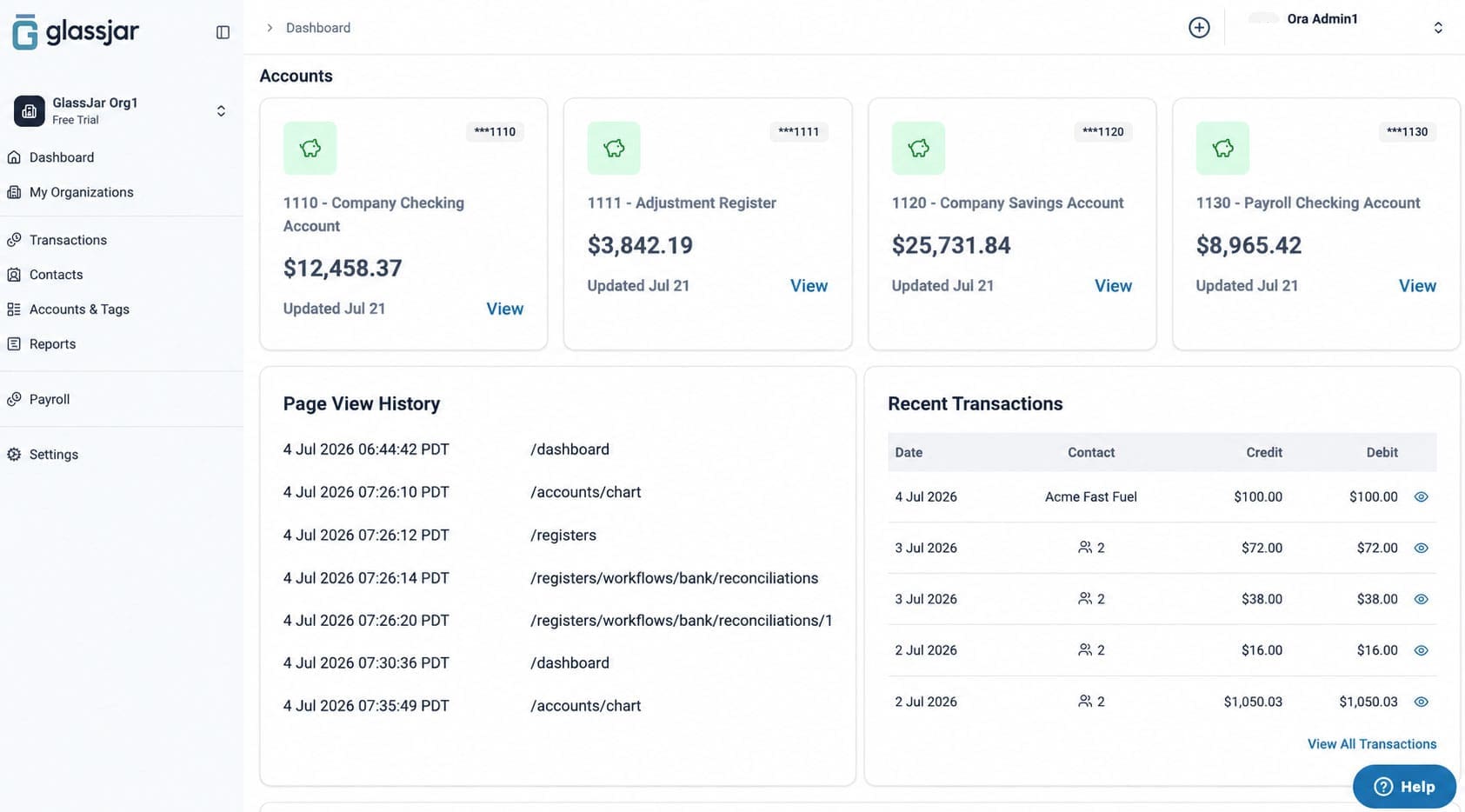 glassjar accounting software dashboard